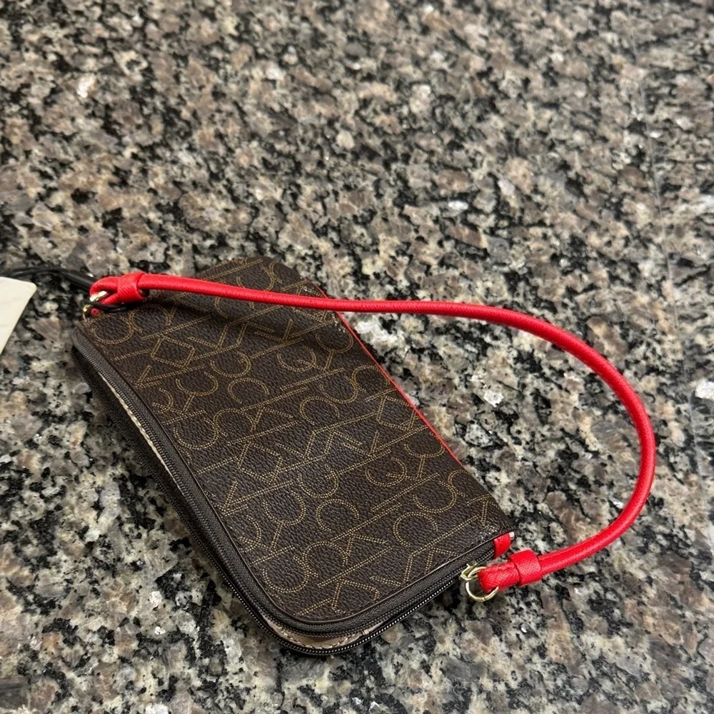 Calvin Klein Logo Wristlet in Brown and Red NWT